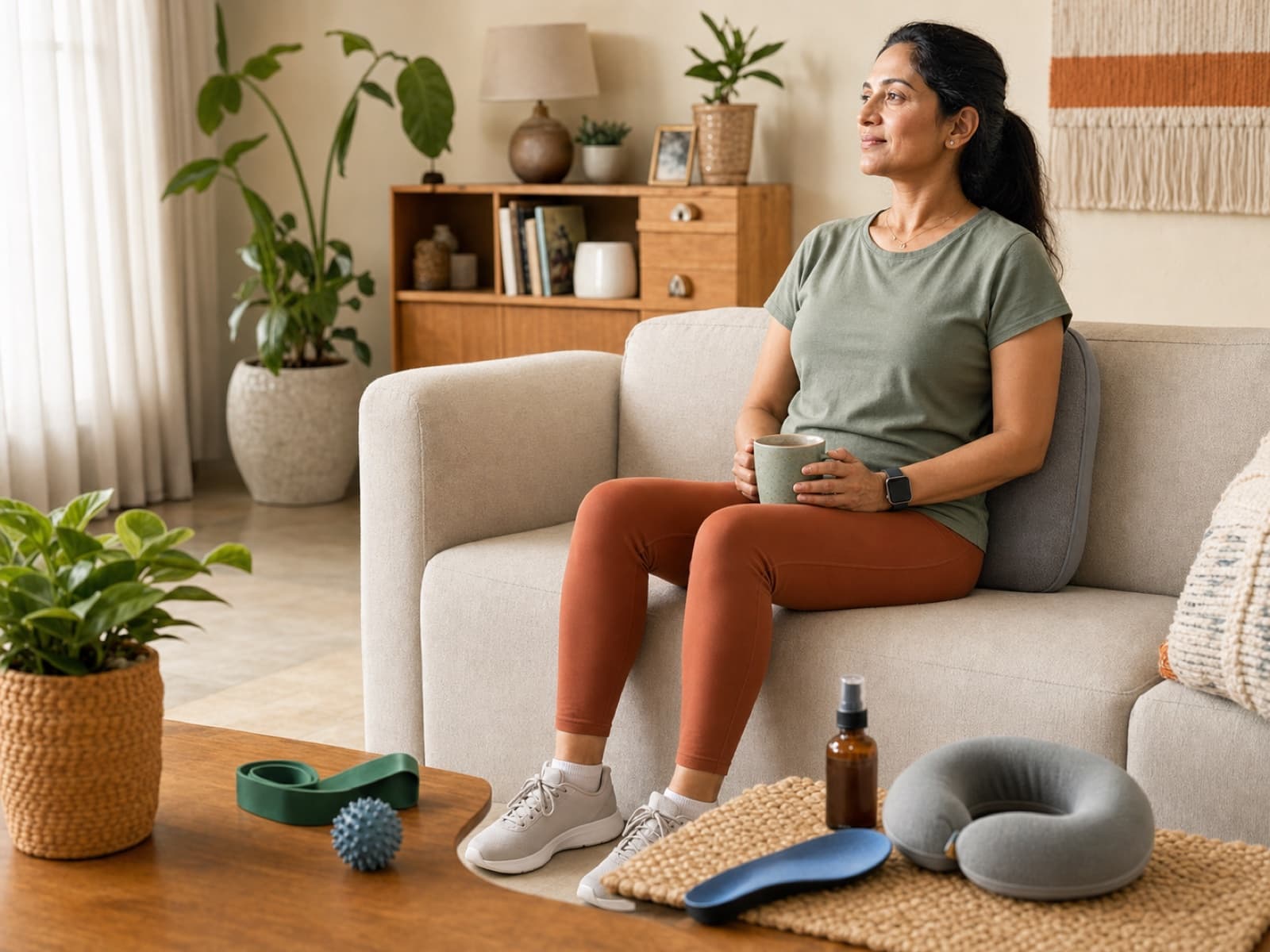 A woman seated with both feet grounded alongside movement, recovery and comfort products
